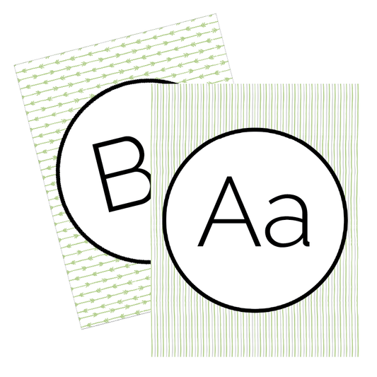 Two circular letter cards with 'B' and 'A' on a green striped background