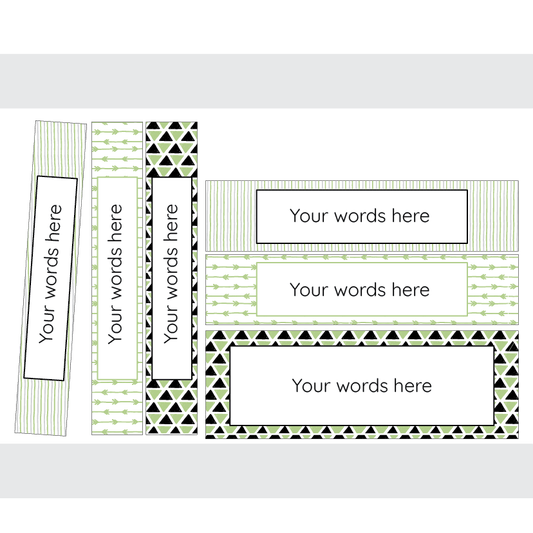Set of customisable name tags with green and black geometric patterns on a white background