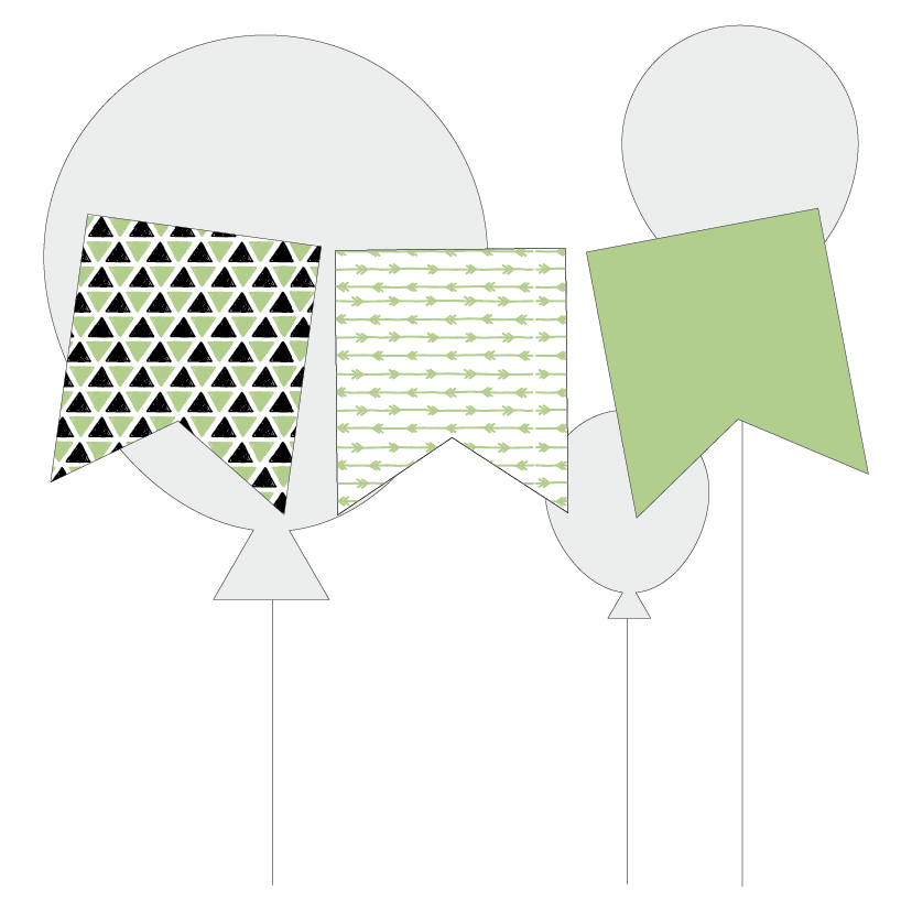 Three balloons with geometric pattern bunting flags in front on a white background