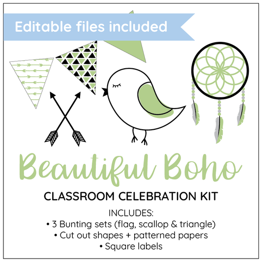 Boho classroom celebration kit with editable files, bunting sets, cut-out shapes, and square labels on a white background.