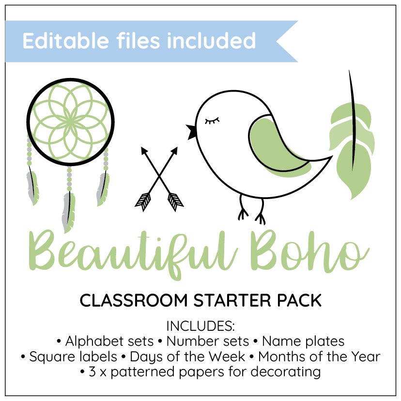 Classroom starter pack with decorative classroom elements and text on a white background