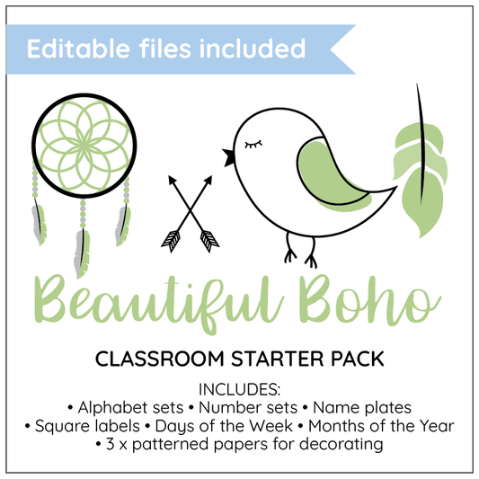 Classroom starter pack with decorative classroom elements and text on a white background