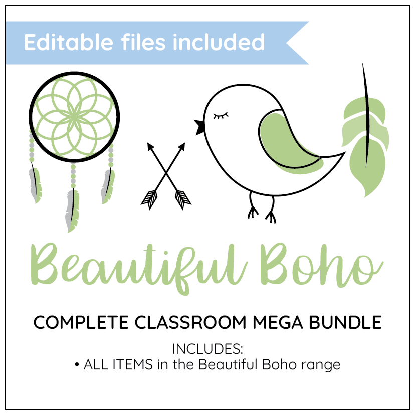 Promotional graphic for 'Beautiful Boho' classroom mega bundle with icons and text on a white background.