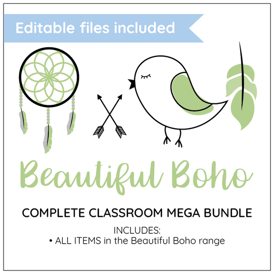 Promotional graphic for 'Beautiful Boho' classroom mega bundle with icons and text on a white background.