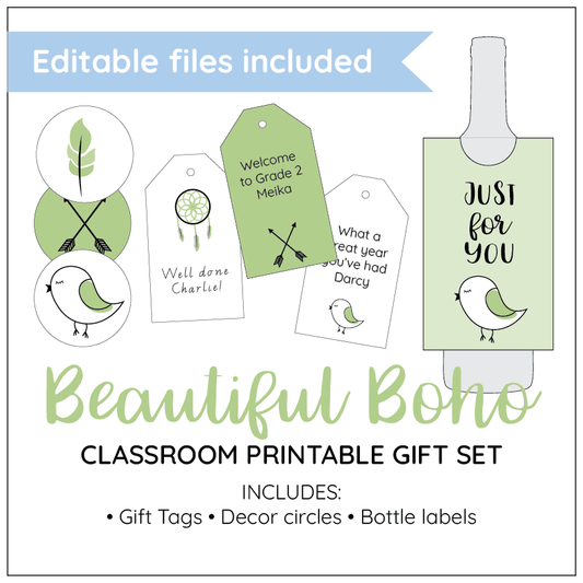 Classroom printable gift set with gift tags, decor circles, and bottle labels from Beautiful Boho.