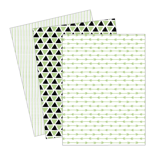 Set of three patterned paper sheets with green and black designs on a white background