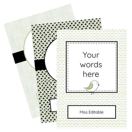Notebook with geometric pattern and customizable text area on a white background