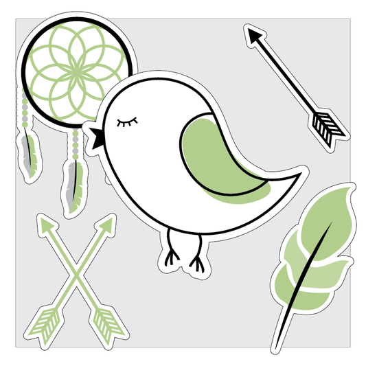 Bulletin Board design with a bird, dreamcatcher, arrows, and leaf on a grey background