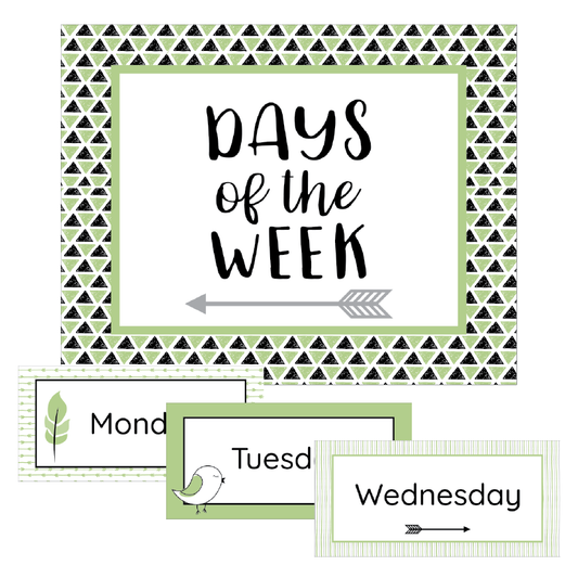 Educational posters for days of the week with geometric design and green accents.