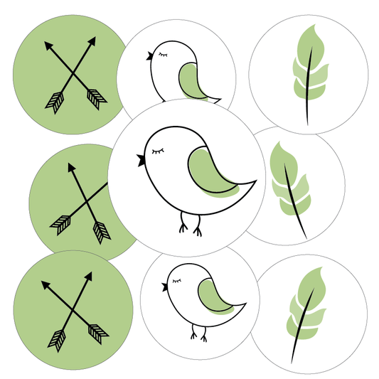 Set of green and black icons including birds, arrows, and leaves on a white background.