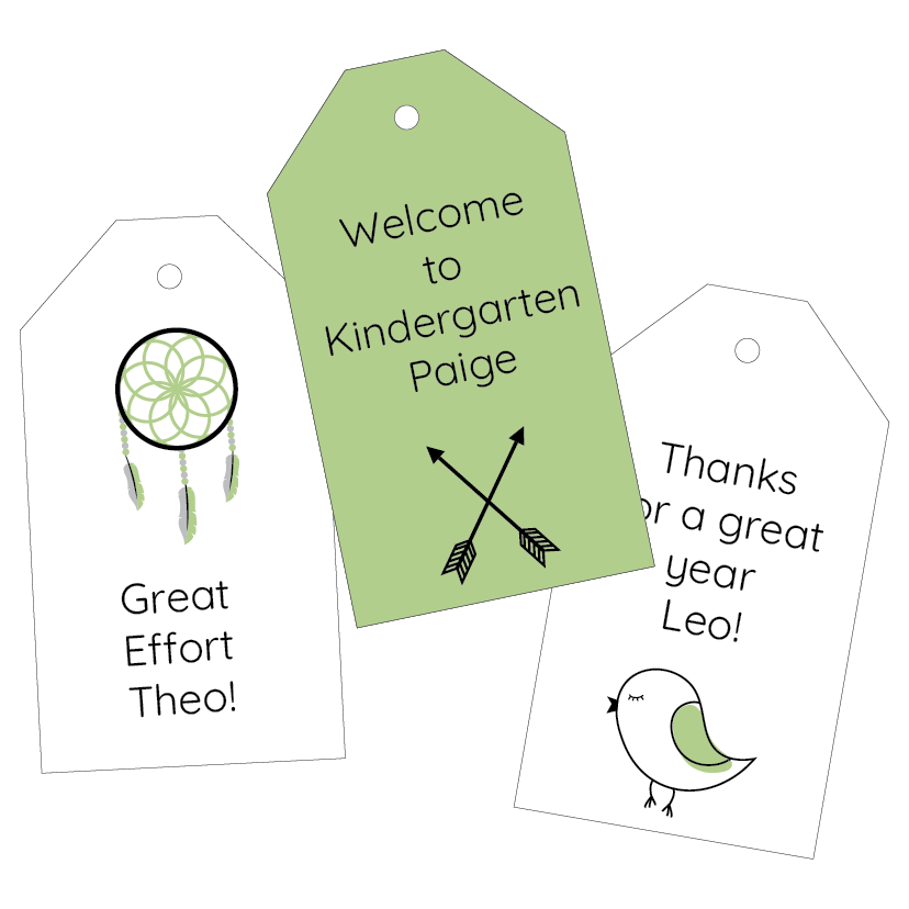 Three green gift tags with personalized messages and illustrations on a white background