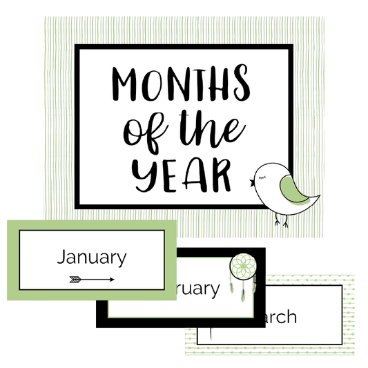 Educational poster with 'Months of the Year' text and small illustrations on a white background.