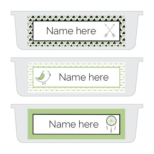 Three name label templates with geometric and nature-themed designs on a white background.