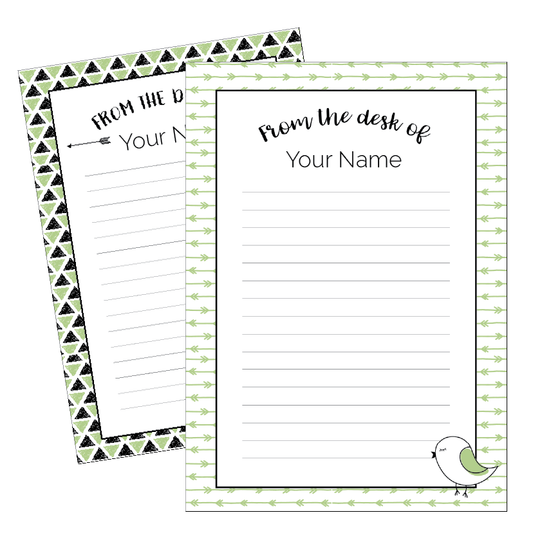 Two lined paper sheets with decorative borders and text, one featuring a bird illustration.