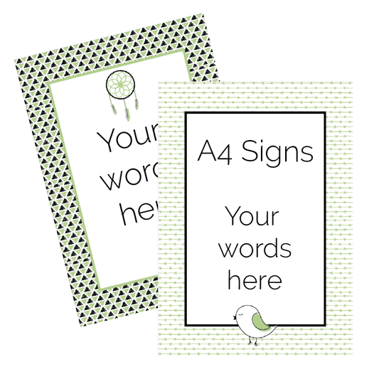Two A4 sign templates with decorative borders and text placeholders on a white background.