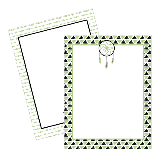 Two note paper stationery sheets with different border designs on a white background