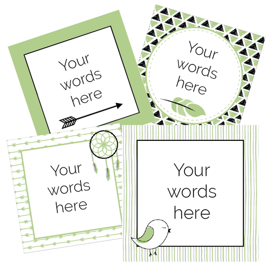 Set of customisable design elements with text placeholders on a white background