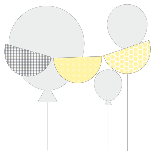 Decorative scalloped bunting with yellow and grey patterns on a white background