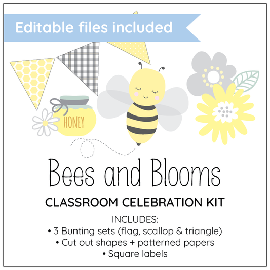 Honey Bee and Honey pot with flowers in yellow and grey on white background