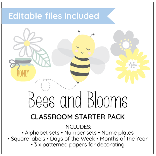 Bees and Blooms classroom starter pack with bee, flowers, and honey jar on a white background