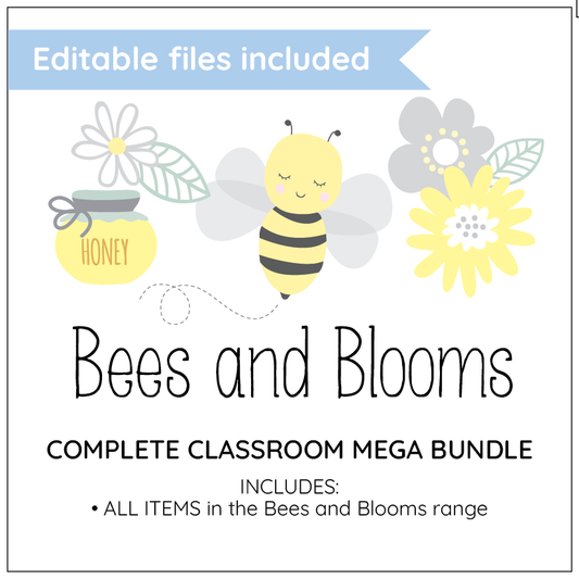 Promotional graphic for 'Bees and Blooms' classroom mega bundle with a bee, flowers, and honey jar illustration.