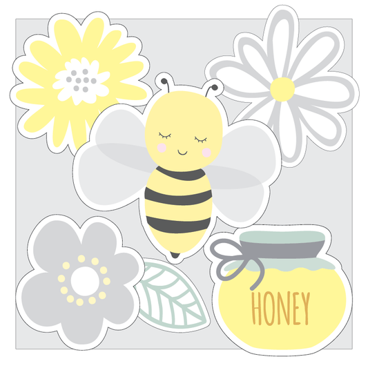 Classroom bulletin board set with a bee, flowers, and a jar of honey on a grey background