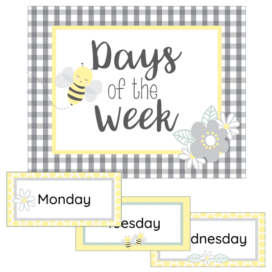 Educational posters for 'Days of the Week' with a yellow and grey bee and flower design on a checkered background.