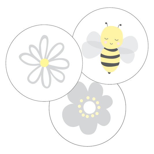 Illustrations of a bee and flowers on a white background
