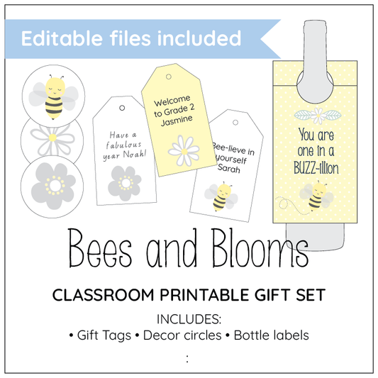 Bees and Blooms classroom printable gift set with gift tags, decor circles, and bottle labels on a white background.