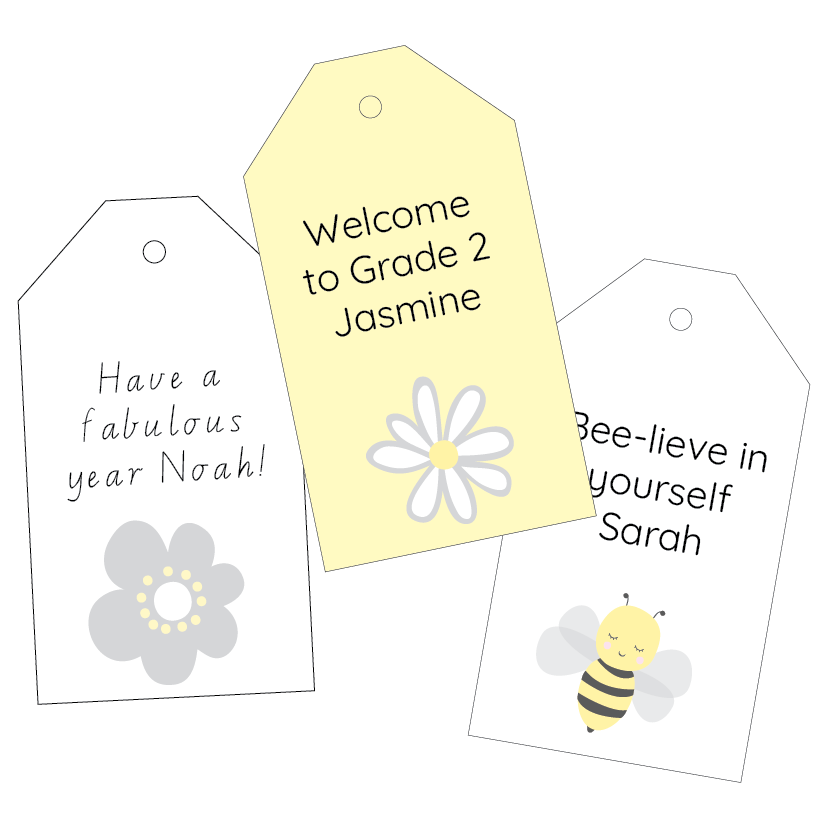 Three motivational tags with personalised messages and graphics on a white background