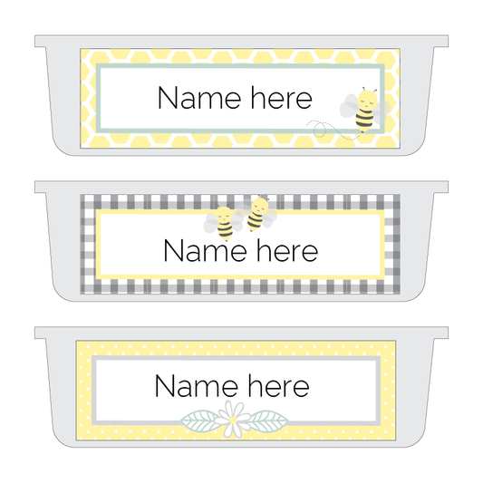 Three name label templates with bee and floral designs on a white background