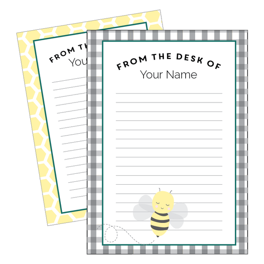 Two note paper sheets with a bee design and 'From the Desk of' text on a white background.