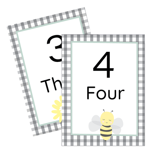 Two educational cards with numbers and a bee illustration on a white background