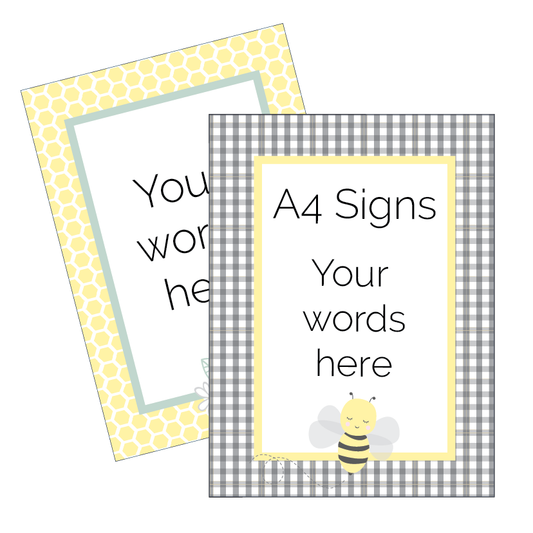 Two A4 sign templates with yellow polka dot and gingham borders, featuring space for text and a bee illustration.