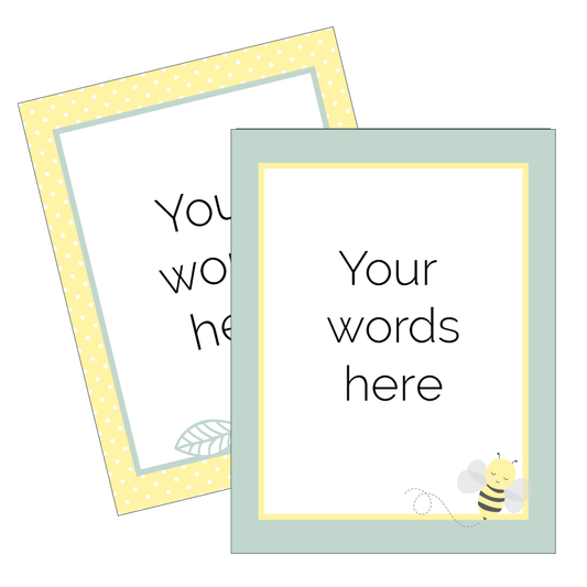 Two customisable frames with text placeholders and a bee illustration on a white background