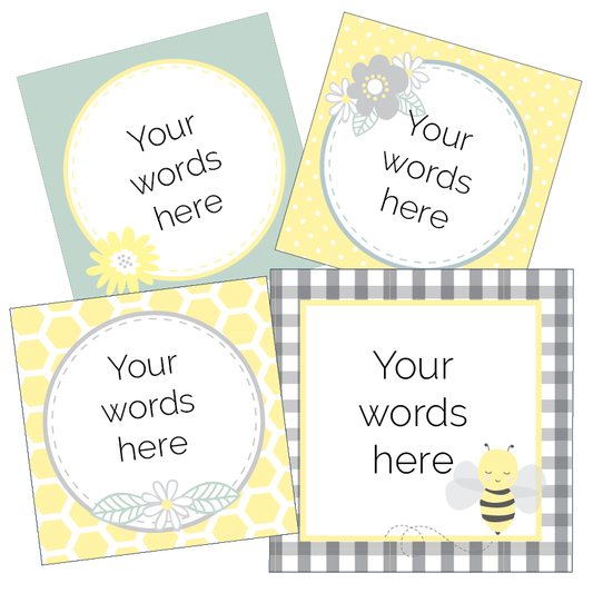 Four customisable cards with floral and bee designs on a white background