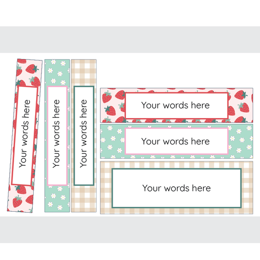 Set of customisable name tags with strawberry and checkered patterns on a white background.