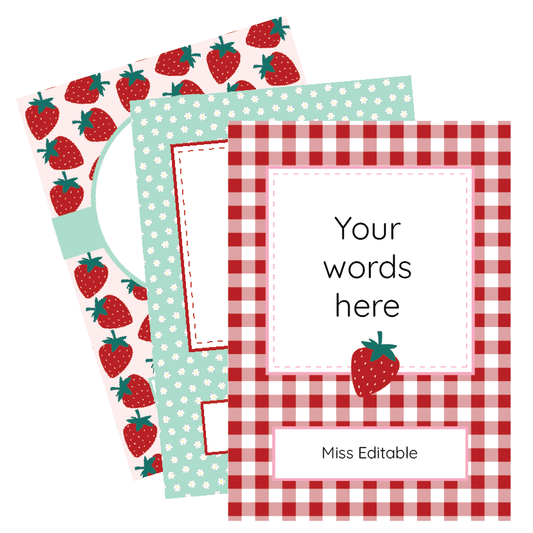 Editable Book Covers with design elements with strawberries on a white background