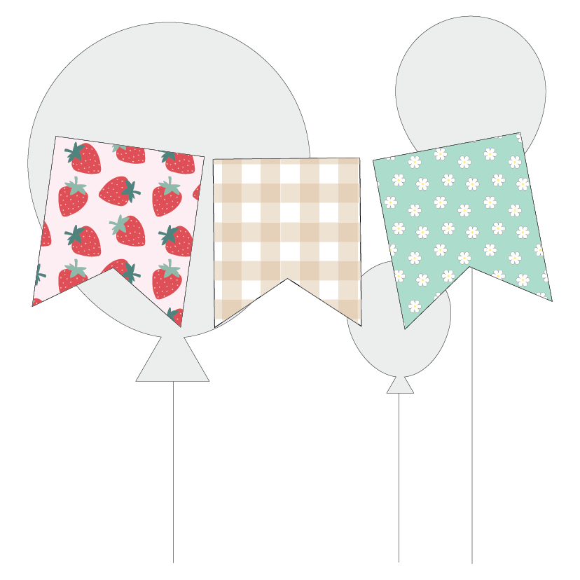 Three decorative flags with different patterns on a white background