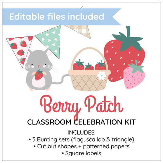 Berry Patch Classroom Celebration Kit with a mouse, basket, and strawberries on a white background