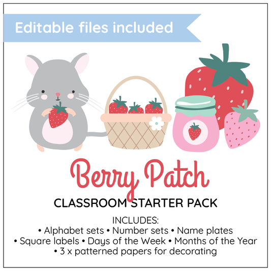 Berry Patch Classroom Starter Pack with cartoon hamster, basket of strawberries, and jar on a white background.