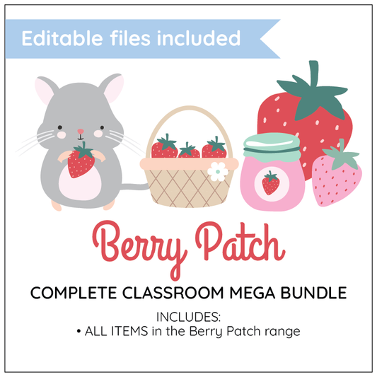 Berry Patch classroom mega bundle with cartoon hamster, basket, and strawberries on a white background.