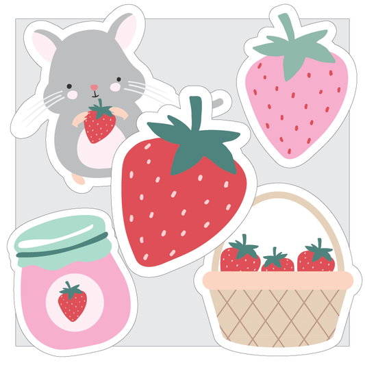 Set of strawberry-themed stickers including a cat, strawberries, a macaron, and a basket on a light grey background.