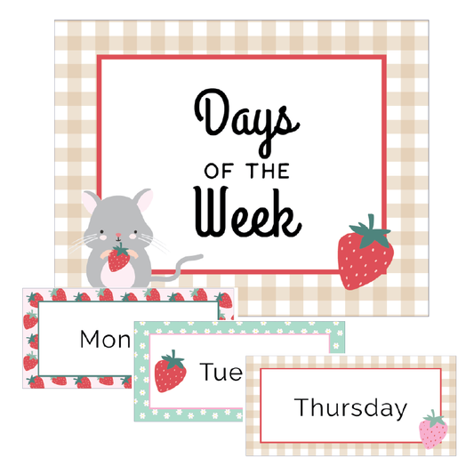 Days of the Week chart with cartoon mouse and strawberries on a checkered background