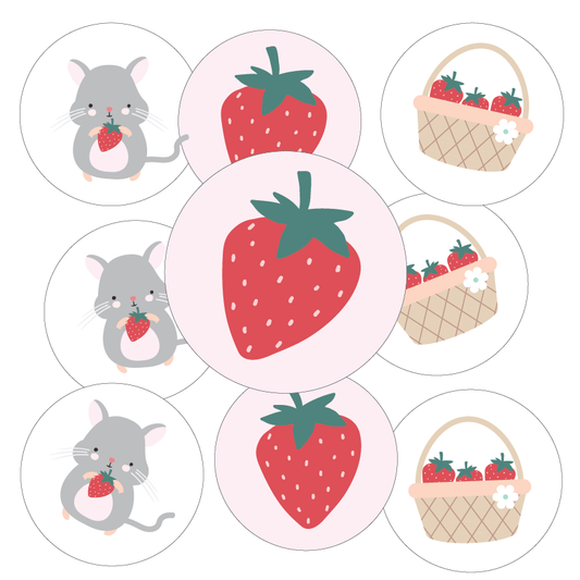 Set of stickers featuring cartoon mice, strawberries, and baskets on a white background