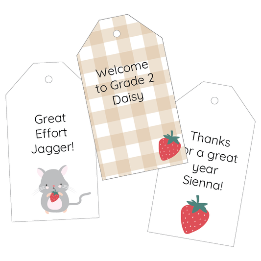 Three personalised gift tags with text and strawberry graphics on a white background