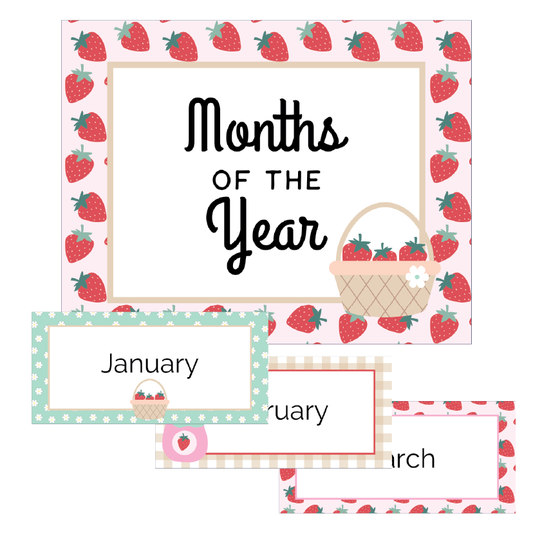 Months of the Year educational chart in a strawberry theme on white background