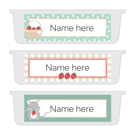 Three name label designs with different strawberry graphics on a white background