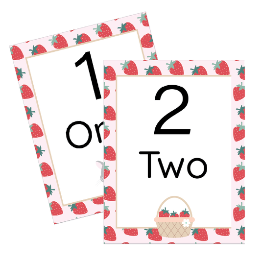Two cards with strawberry pattern and numbers '1' and '2' on a white background
