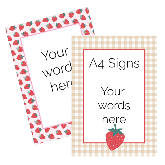 Two A4 signs with strawberry patterns and text space for customization.